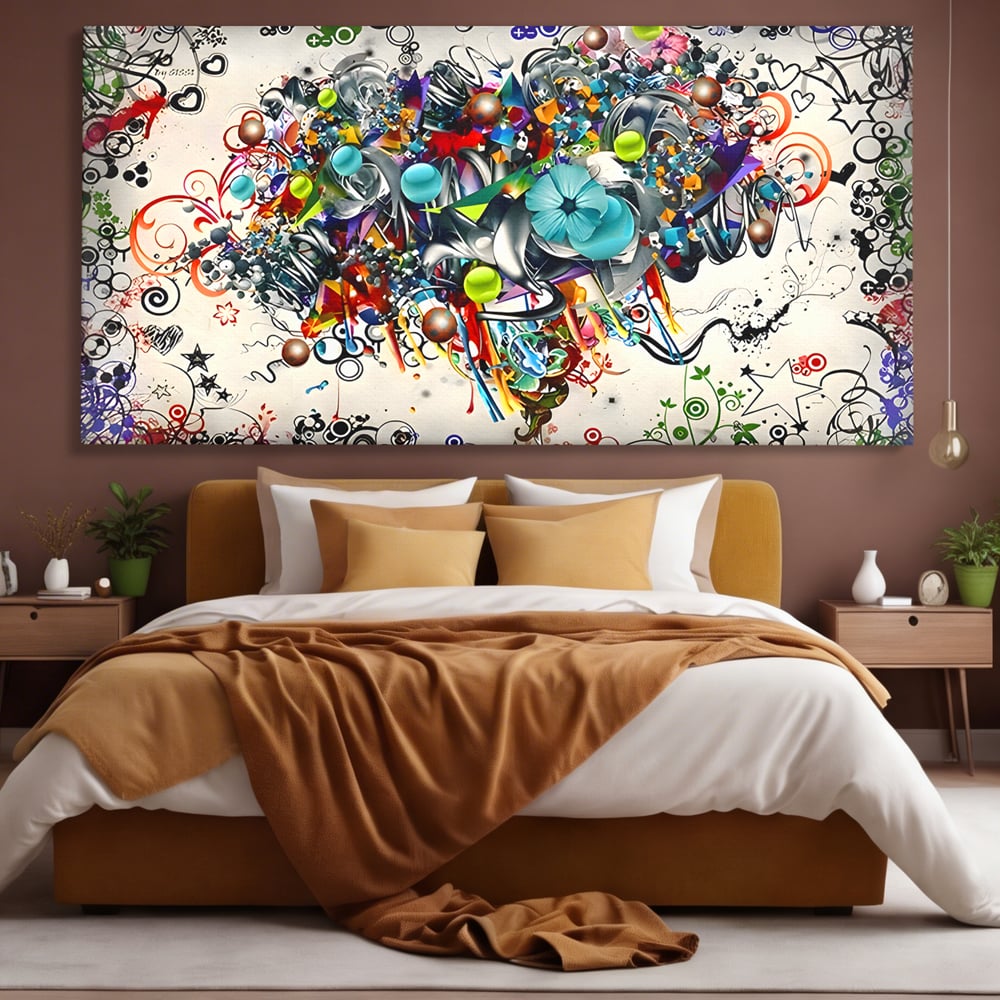 Tablou canvas cu tablou canvas cu compozitie abstracta, fara rama, pe sasiu de lemn, pe perete intr-un dormitor